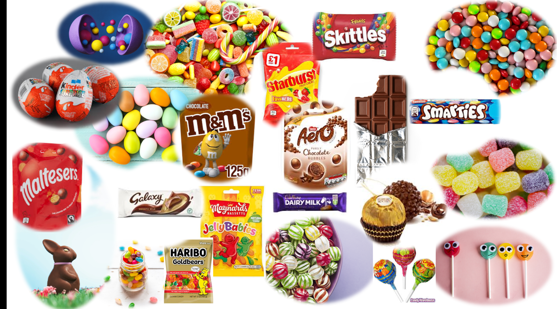 A collage of familiar British confectionery: Skittles, Smarties, M&M's, Maltesers, Galaxy, Dairy Milk, Aero, Haribo Goldbears, Jelly Babies, Kinder Surprise, lollipops and more